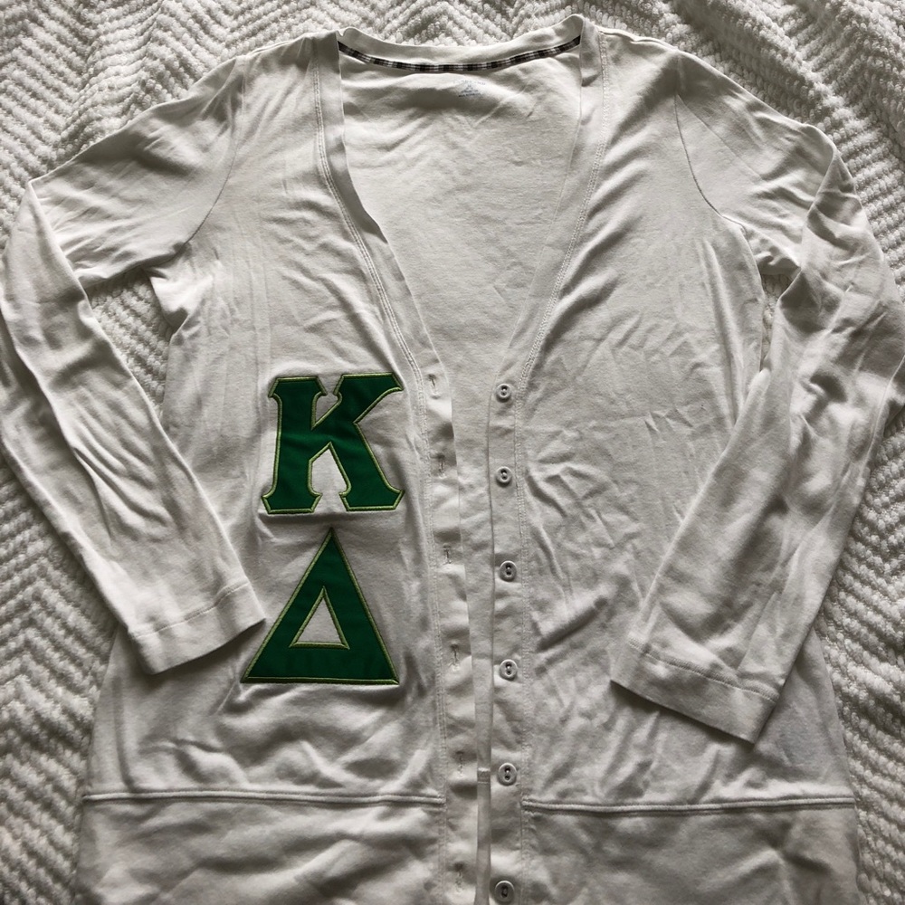 💚ΚΔ💚 White Cardigan with Green Stitched Letters